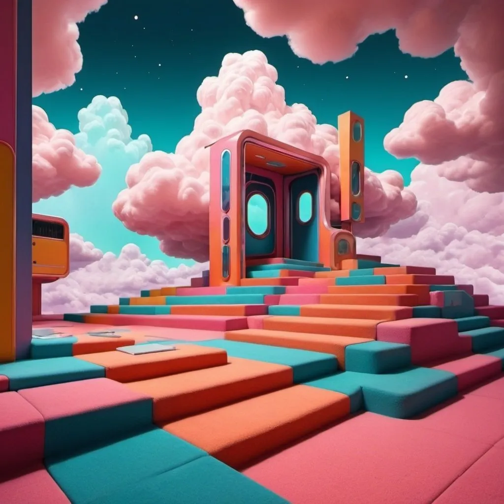 Prompt: cartoon aesthetic- colorful brut interiors pasted over a field of retrofuturistic clouds, with steps
