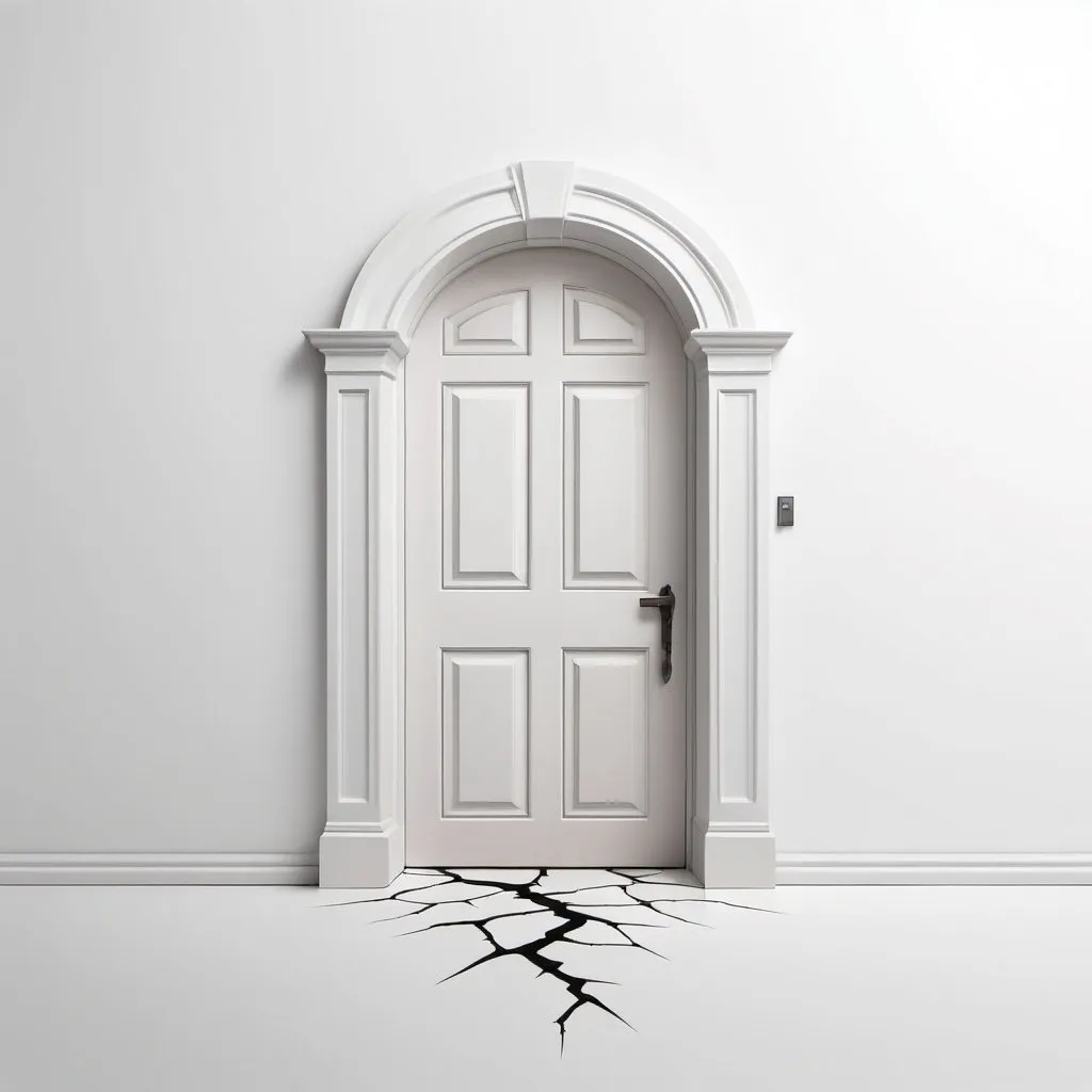 Prompt: Simple 2D logo. a door with a crack in it.  White background. 