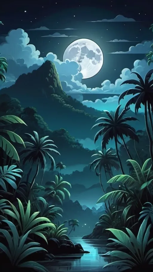 Prompt: cartoon aesthetic. Night time with a full moon in a tropical jungle/rainforrest. Clouds in the night sky and majestic mountains in the distance. 