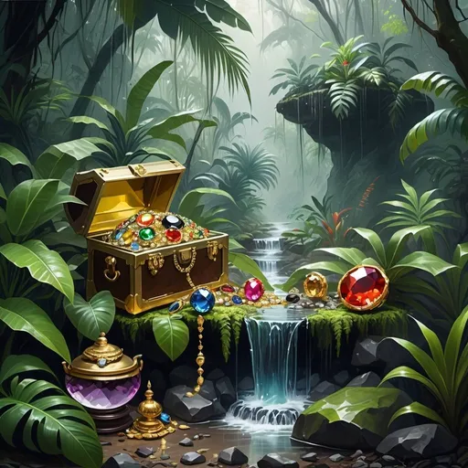 Prompt: Oil painting aesthetic, pirate treasure like gold, jewels, silver, trophies, gems piled up on the ground in a raining tropical jungle with plants, tropical vibe, natural ponds with clean water, rocks, mountains, fog, dirt, clouds