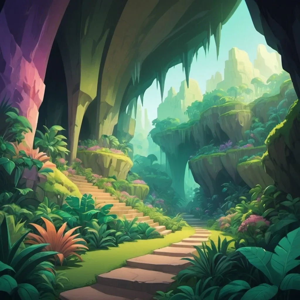 Prompt: cartoon aesthetic - a gradient of lush landscaping rises up in a grand cavern
