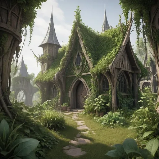 Prompt: elven medieval, with plants rising up to a random point started at bottom of frame