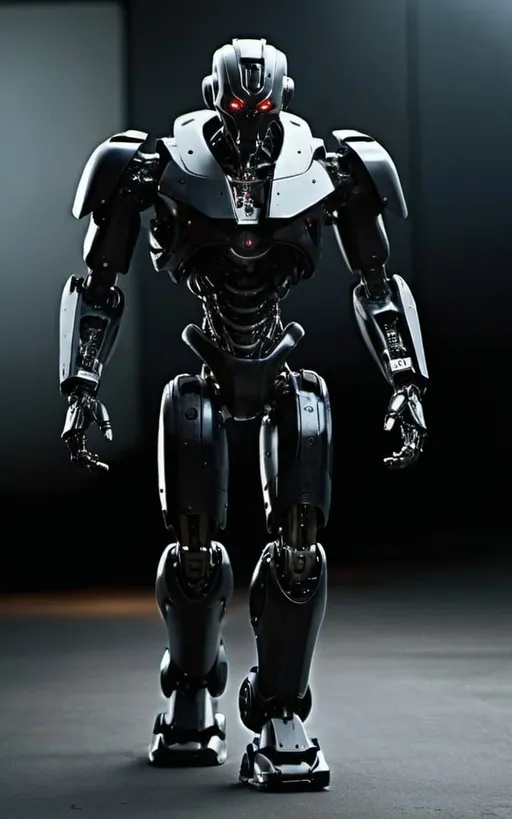 Prompt: Menacing black robot walking towards camera