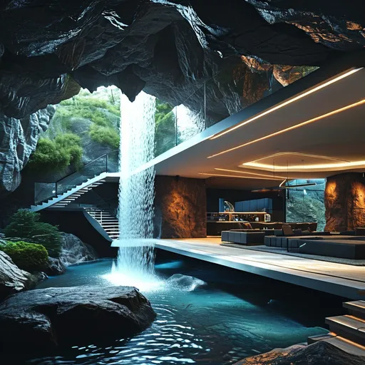 Prompt: Modern house interior integrated into Underground into a massive underground cave with a waterfall. Technology and computers - Night time. 