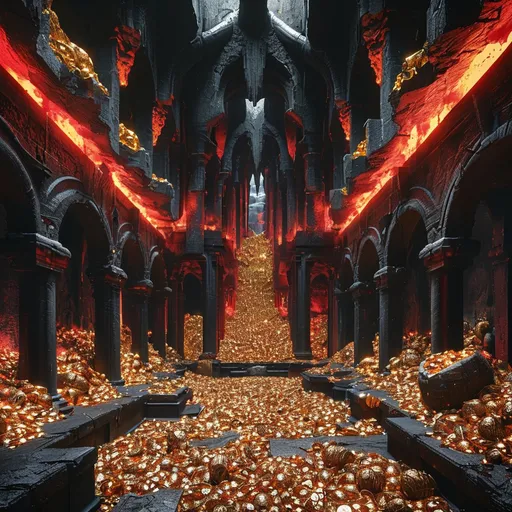 Prompt: Red and black aesthetic. interor view of a large treasure room in hell, full of gold and jewels.  Lighting is dark, and red. 
The structures are made out of black concete. 