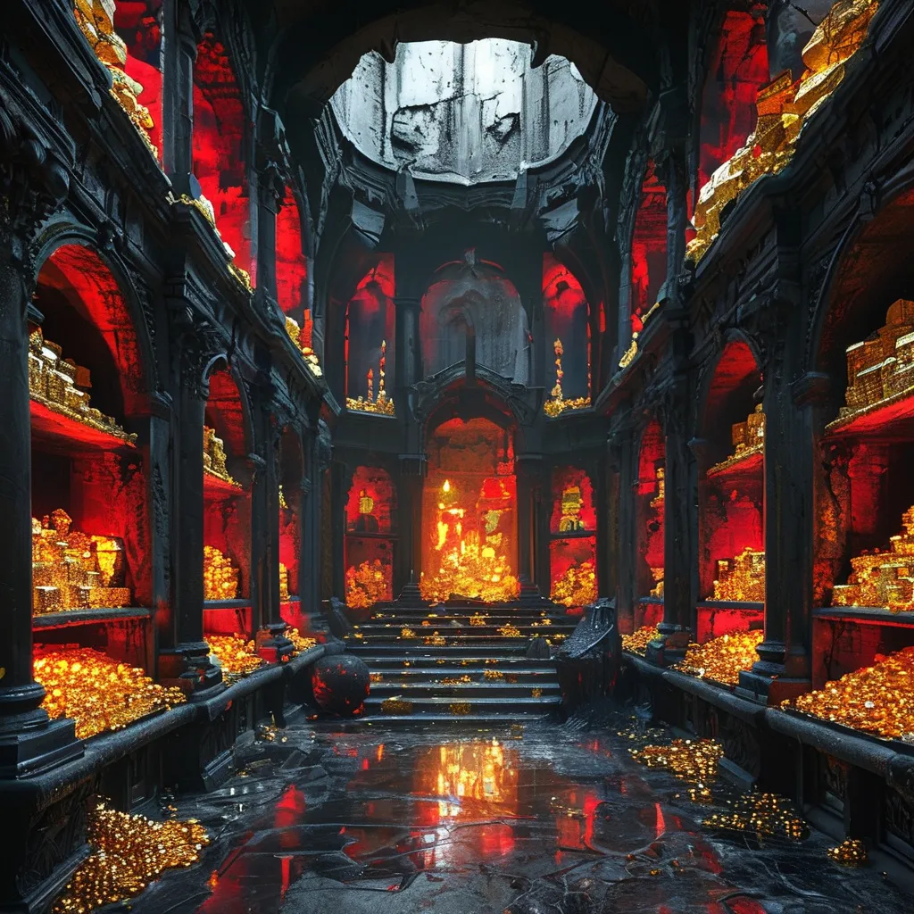 Prompt: Red and black aesthetic. interor view of a large treasure room in hell, full of gold and jewels.  Lighting is dark, and red. 
The structures are made out of black concete. 