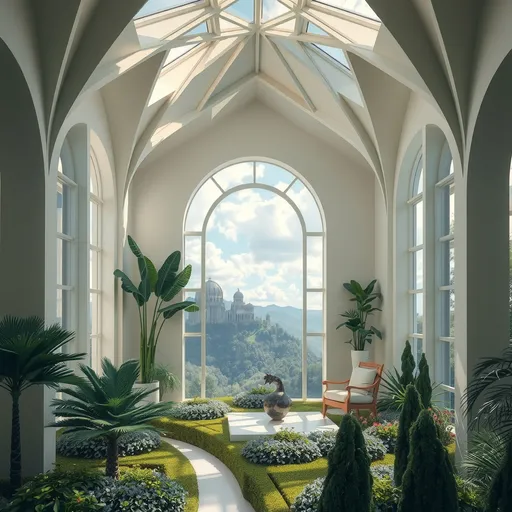 Prompt: white, geometric renaissance interior  over a lush dreamscape/heaven