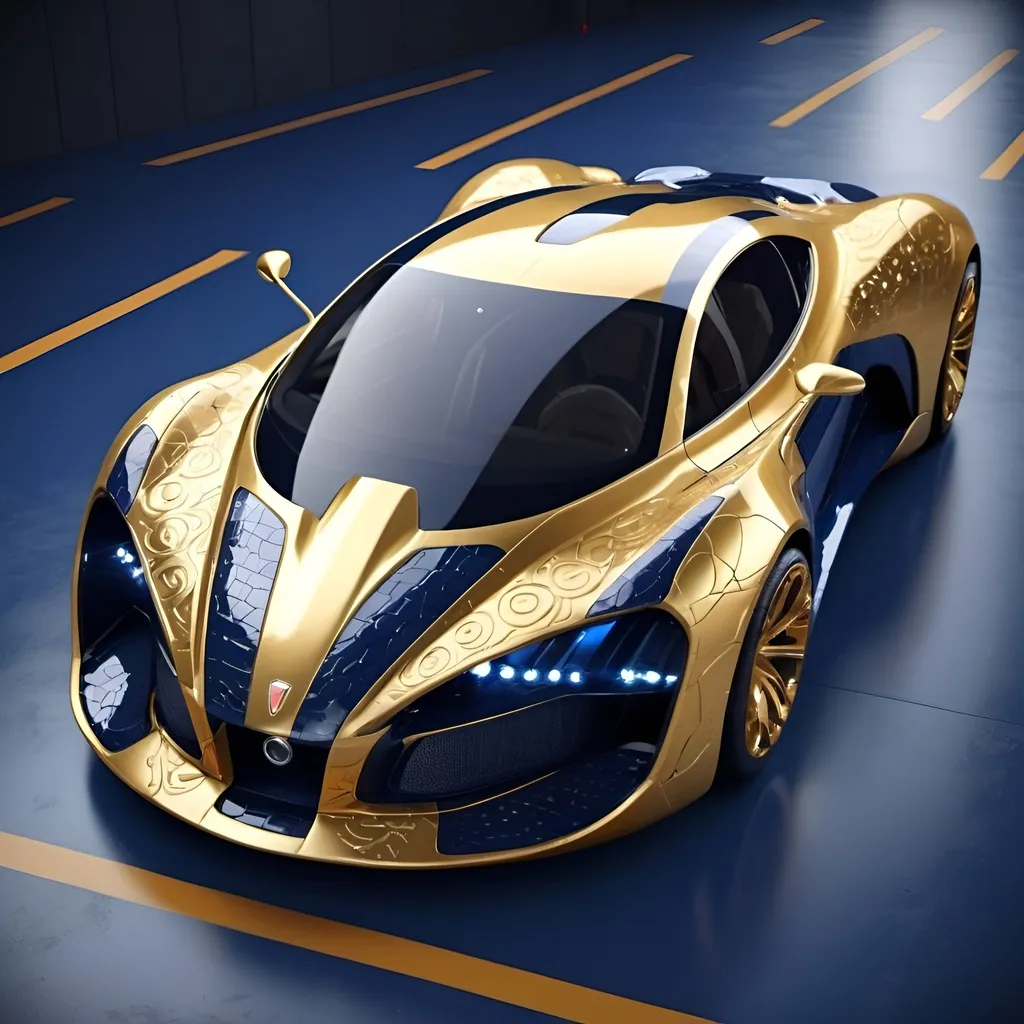 Prompt: Gold and navy blue futuristic super car with Intricate patterns. 

high resolution, 4k, detailed, high quality, professional. 