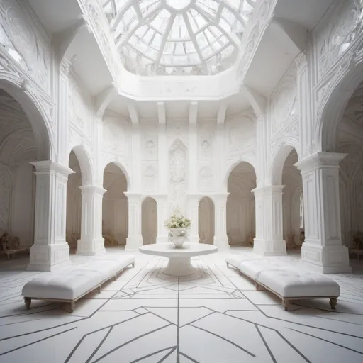 Prompt: white, geometric renaissance interior depth-plunged over a lush dreamscape