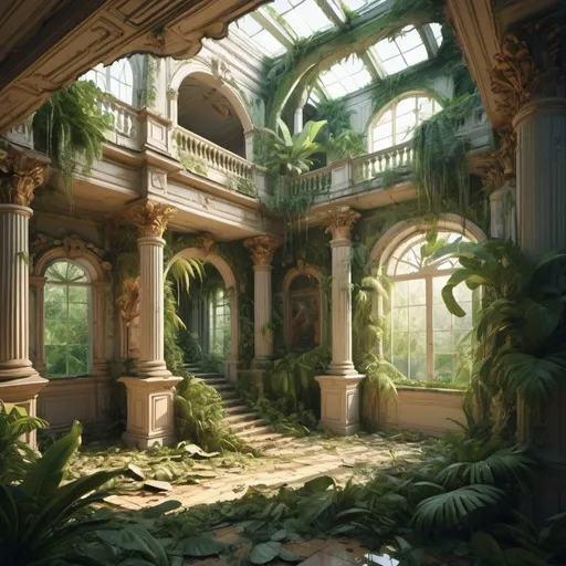 Prompt: cartoon aesthetic - baroque house interior destroyed with a tropical forrest growing through it. Sunny
