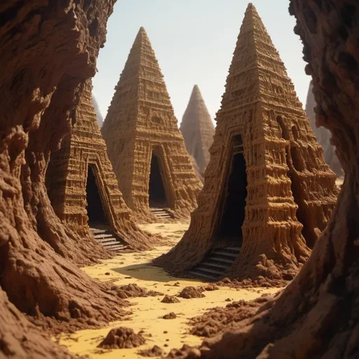 Prompt: cinematic anthill temples, triangle-masked into melted butter cliffs