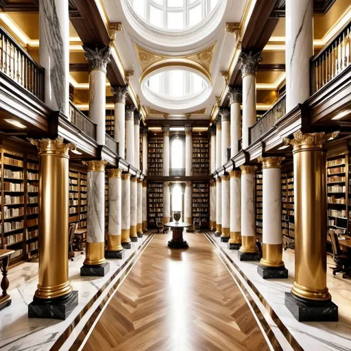 Prompt: gigantic library, massive marble pillars, multiple levels high, gold and silver aesthetic, wooden floors