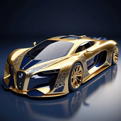 Prompt: Gold and navy blue futuristic super car with Intricate patterns. 

high resolution, 4k, detailed, high quality, professional. 