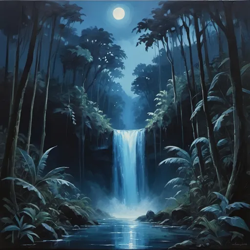 Prompt: -oil painting aesthetic
-a waterfall at night
-adventure genre jungle/forrest vibes
-blue moonlight through trees