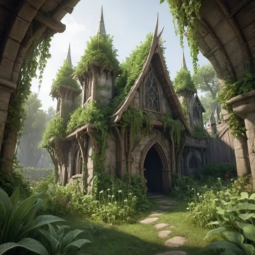 Prompt: elven medieval, with plants rising up to a random point started at bottom of frame