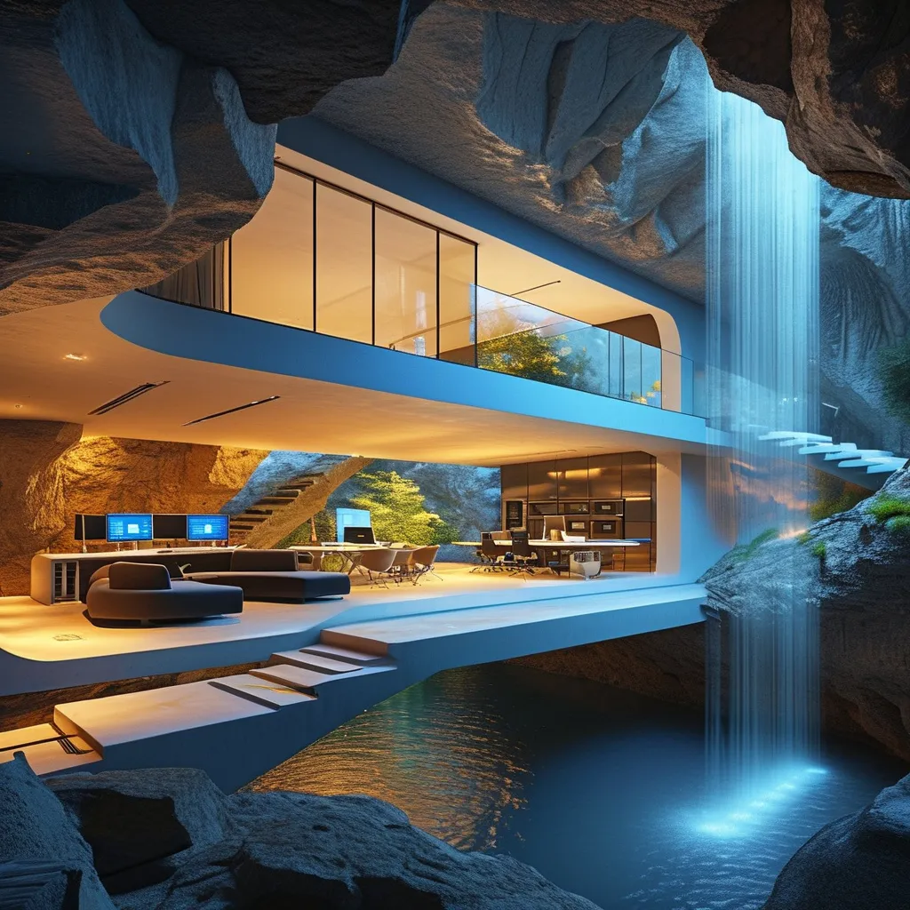 Prompt: Modern house interior integrated into an underground cave system with a waterfall. Technology and computers, research and development centre, high tech, Night time. 