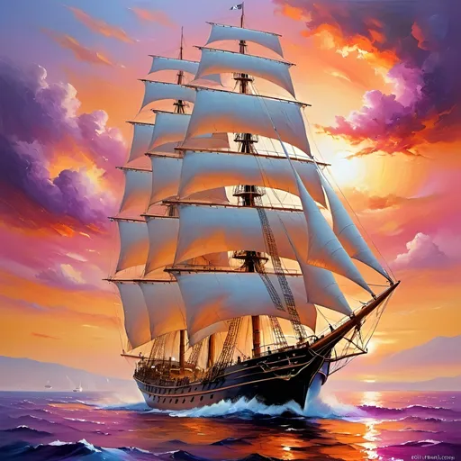 Prompt: /imagine prompt: use for wall art , looks awesome , nice nature , colourful colours , interesting, a majestic sailing ship with billowing white sails on a vibrant sea, the sky ablaze with a stunning sunset in hues of orange, pink, and purple, gentle waves reflecting the sky's colors, serene and awe-inspiring atmosphere evoking a sense of adventure, Painting, oil on canvas with rich textures and vivid colors, --ar 16:9 --v 5