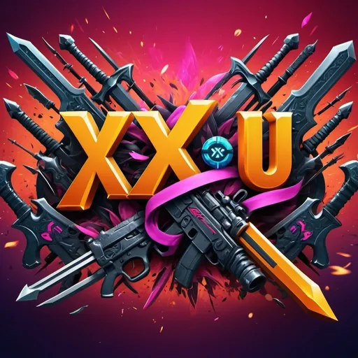 Prompt: (accurately spelled text "XOU"), vibrant gaming banner, dramatic layout, surrounded by an array of weapons, including swords and guns, dynamic colors emphasizing action, detailed textures on weapons, impactful design, energetic and engaging atmosphere, high-definition, immersive style, bold typography for letters, eye-catching composition, ultimate gaming vibe.