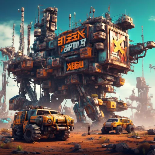 Prompt: <mymodel>(banner with letters "XOU"), (futuristic design), inspired by Crossout game mode, (grungy textures), vibrant colors, (dynamic composition), (bold lettering), showcasing post-apocalyptic elements, gritty environment, (high-quality 4K), vivid contrasts, (action-packed atmosphere), aggressive aesthetics, ideal for an engaging online competition visual.