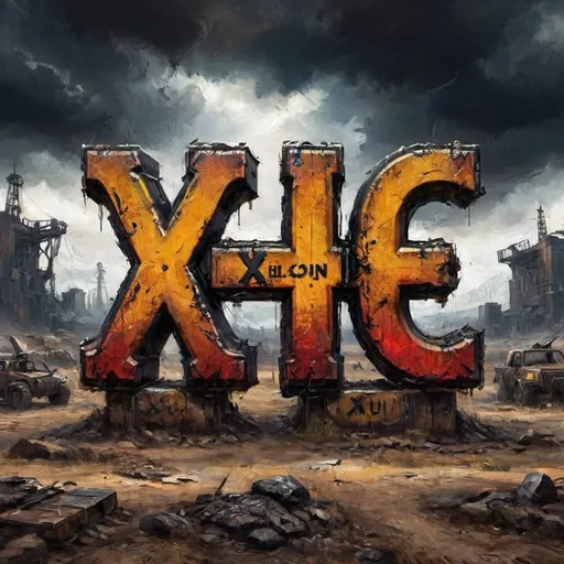 Prompt: (accurately spelled text "XOU"), letters in a bold and dramatic (Crossout) game style, rugged metallic texture, weathered and battle-worn appearance, intense and gritty vibe, emphasis on creativity and innovation, set against an apocalyptic background, high contrast with dark undertones, cinematic lighting, 4K resolution, ultra-detailed representation, showcasing vibrant colors within a grim ambiance. As a game banner, clan tag. 