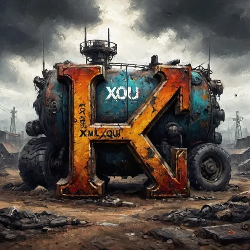 Prompt: (accurately spelled text "XOU"), letters in a bold and dramatic (Crossout) game style, rugged metallic texture, weathered and battle-worn appearance, intense and gritty vibe, emphasis on creativity and innovation, set against an apocalyptic background, high contrast with dark undertones, cinematic lighting, 4K resolution, ultra-detailed representation, showcasing vibrant colors within a grim ambiance. As a game banner, clan tag. 