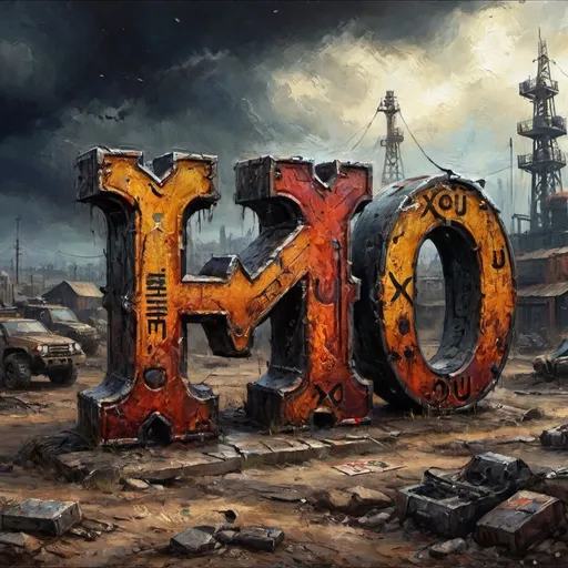 Prompt: (accurately spelled text "XOU"), letters in a bold and dramatic (Crossout) game style, rugged metallic texture, weathered and battle-worn appearance, intense and gritty vibe, emphasis on creativity and innovation, set against an apocalyptic background, high contrast with dark undertones, cinematic lighting, 4K resolution, ultra-detailed representation, showcasing vibrant colors within a grim ambiance.