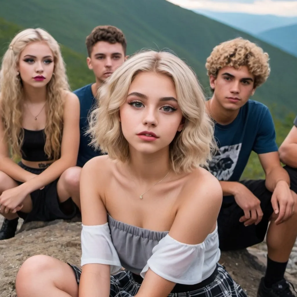 Prompt: a very pretty teenaged girl with straightened blonde hair with a middle part, lots of makeup, fake lashes, clear lip gloss, no eye shadow, nice jaw line, wearing a skirt and a crop top sitting on a mountain, with a bunch of guys surrounding her the guys have perms and curly short hair

