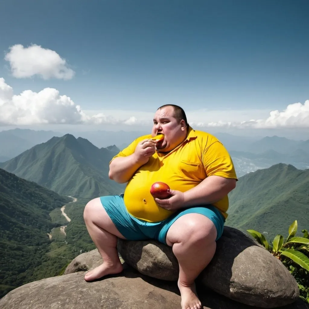 a fat man eating a mango on top of a mountain