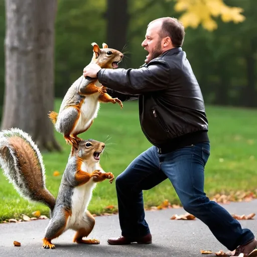 Prompt: drunk man fighting a squirrel, uppercut
