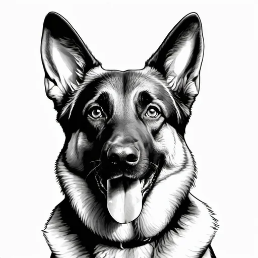 Prompt: B&W HAPPY GERMAN SHEPARD dog with solid white background, no shades, for colouring book