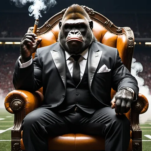 Prompt: 
Draw  me a  gangsta gorilla  smoking  a big cigar  seating  on a throne in a football stadium
Dressed in a black suit , smokin a cigar, with a old  leather football helmet on
