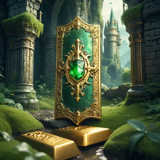 Prompt: (mystical gold bar world), enchanted treasures, knights in armor, magical ambiance, dynamic lighting, surreal landscapes, epic adventure vibes, cool tones with shimmering gold highlights, lush green environments, mystical castles and towers, intricate details, HD, ultra-detailed imagery, fantasy realm exploration