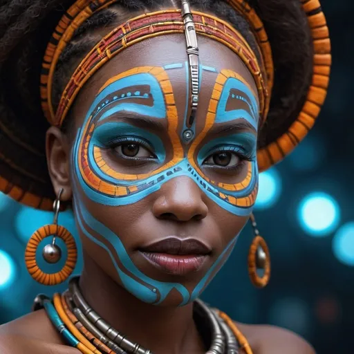 Prompt: African woman with intricate face art, futuristic atmosphere, highres, ultra-detailed, futuristic, tribal face paint, vibrant colors, detailed facial features, sci-fi, tribal fusion, mesmerizing gaze, professional, atmospheric lighting