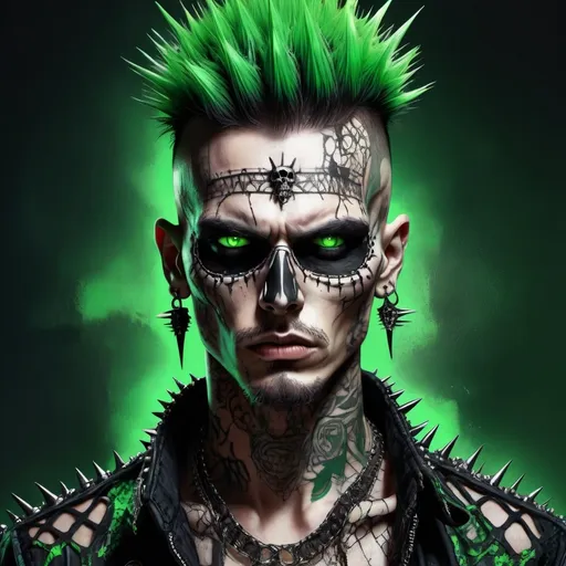 Prompt:  man with striking green eyes, intense expression, wearing a stylishly ripped shirt featuring a bold skull design, adorned with spikes on his head, (net art style), intricate details with a blend of vibrant colors and edgy textures, dynamic background that complements the punk vibe, ultra-detailed, high-quality image. y2k , goth