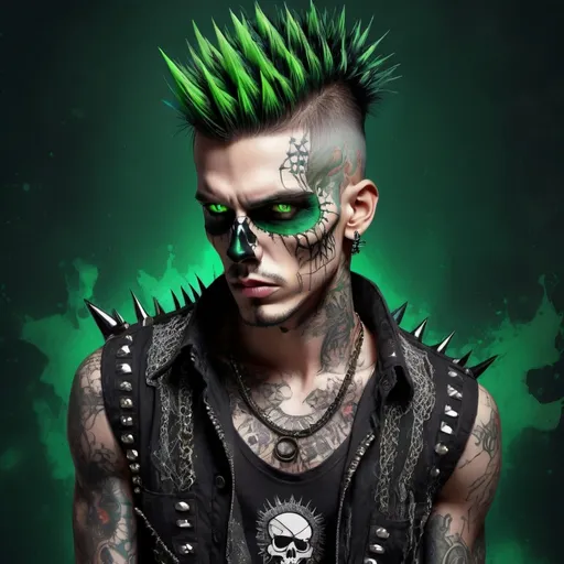 Prompt:  man with striking green eyes, intense expression, wearing a stylishly ripped shirt featuring a bold skull design, adorned with spikes on his head, (net art style), intricate details with a blend of vibrant colors and edgy textures, dynamic background that complements the punk vibe, ultra-detailed, high-quality image. y2k , goth