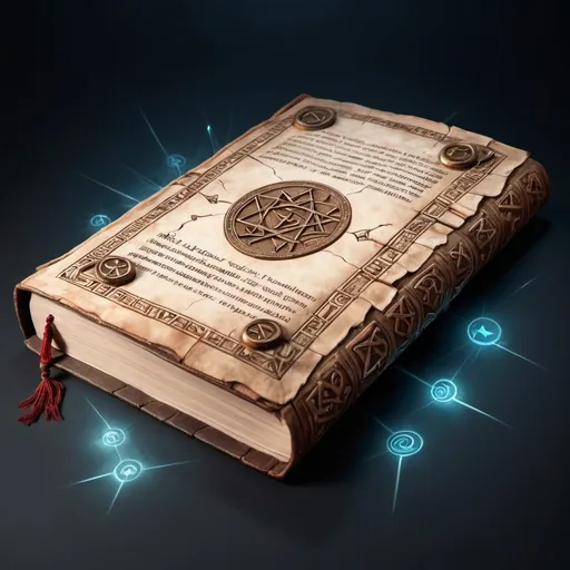 Prompt: ancient tome laying flat on transparent background covered in magical runes