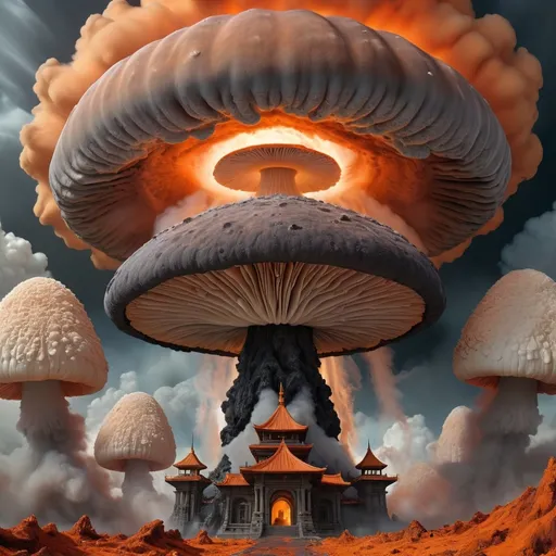 Prompt: Vimana hovering over a mushroom cloud 