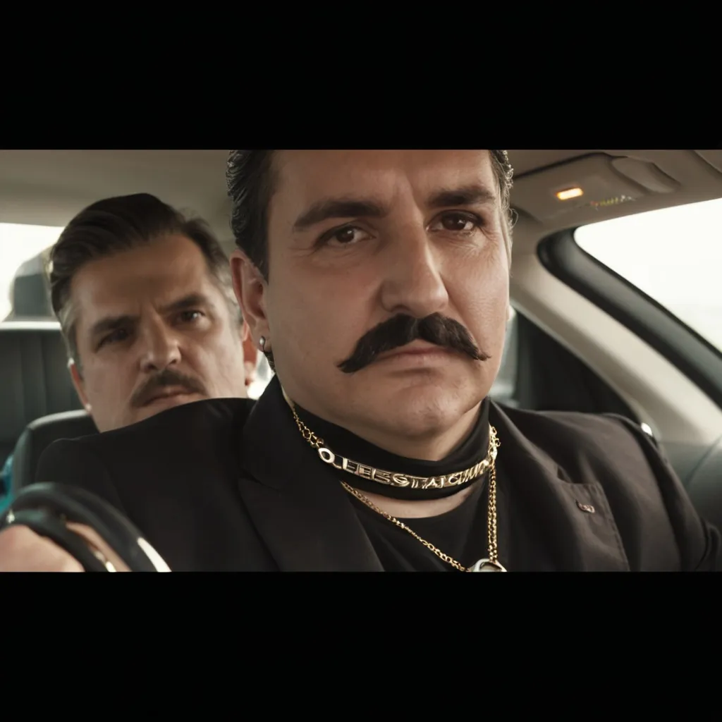 Prompt: a man sitting in a car with a steering wheel and a necklace on his neck and a message above him, Cristache Gheorghiu, les nabis, promotional image, a screenshot