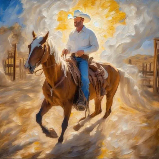 Prompt: Portrait of a middle aged thin man, riding a palomino horse cowboy hat rugged cowboy boots very thick Impasto, impressionism approaching the gates of Heaven surrounded by white angels glistening sunshine 