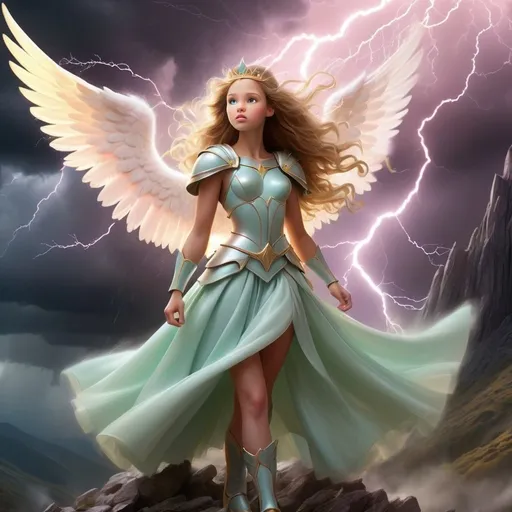 Prompt: Dreamy pastel independant confident princess warrior escaping dark thunderous storm a brilliant light approaching from over the mountain with an army of angels battling dark energy victorious celebration