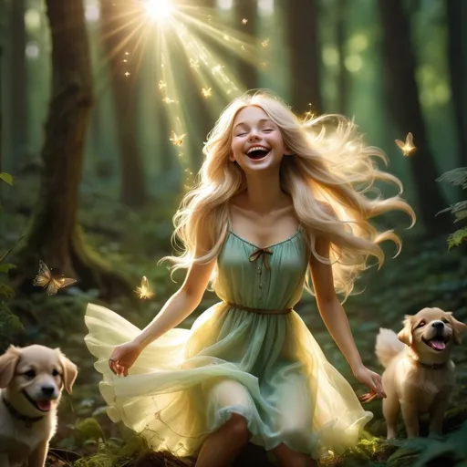 Prompt: Glistening fairy blonde long hair in a mystical forest around sunlight treating the sick gathering gifts laughing friends puppies jumping