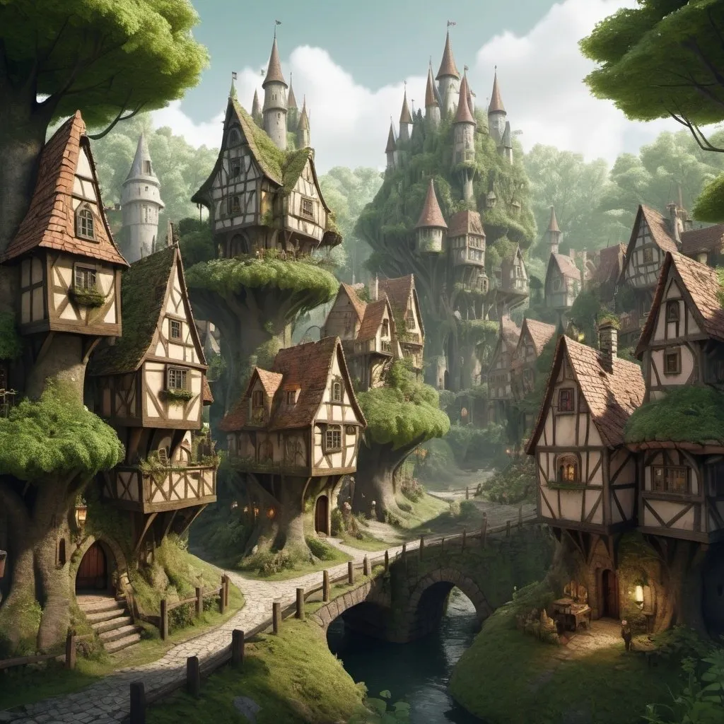 Prompt: A medieval forest city mixed with a collasal enchanted forest town filled with a fantasy collasal forest