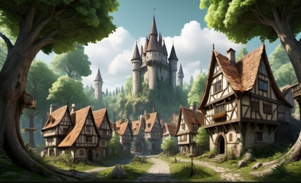 Prompt: A medieval forest city mixed with a collasal enchanted forest town filled with a fantasy collasal forest. Realistically real