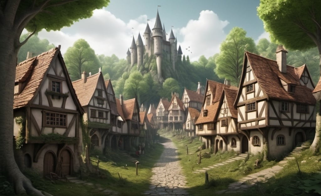 Prompt: A medieval forest city mixed with a collasal enchanted forest town filled with a fantasy collasal forest. Realistically real