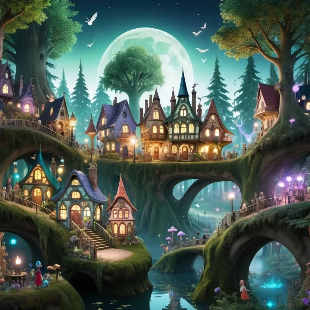 Prompt: An enchanted busy forest town  with lots and lots of mystical beings