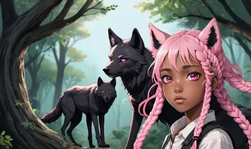 Prompt: A black anime girl with pink braided hair and a long wolf ears with teo different eyes 