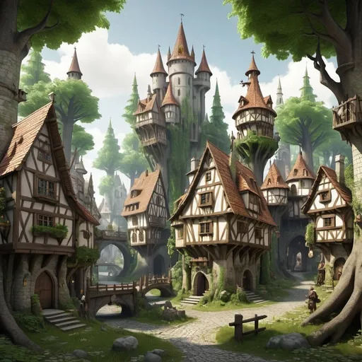 Prompt: A medieval forest city mixed with a collasal enchanted forest Town 