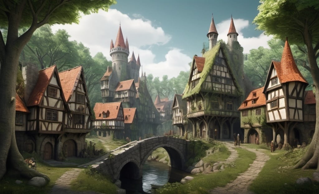 Prompt: A medieval forest city mixed with a collasal enchanted forest town filled with a fantasy collasal forest. Realistically real