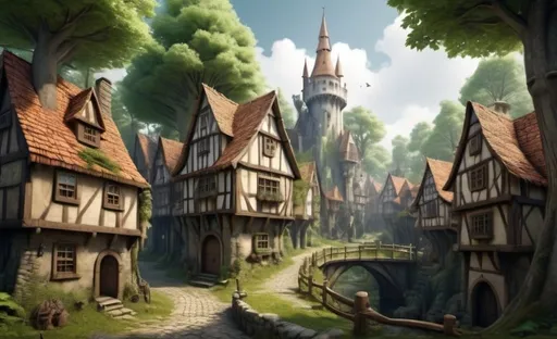 Prompt: A medieval forest city mixed with a collasal enchanted forest town filled with a fantasy collasal forest. Realistically real