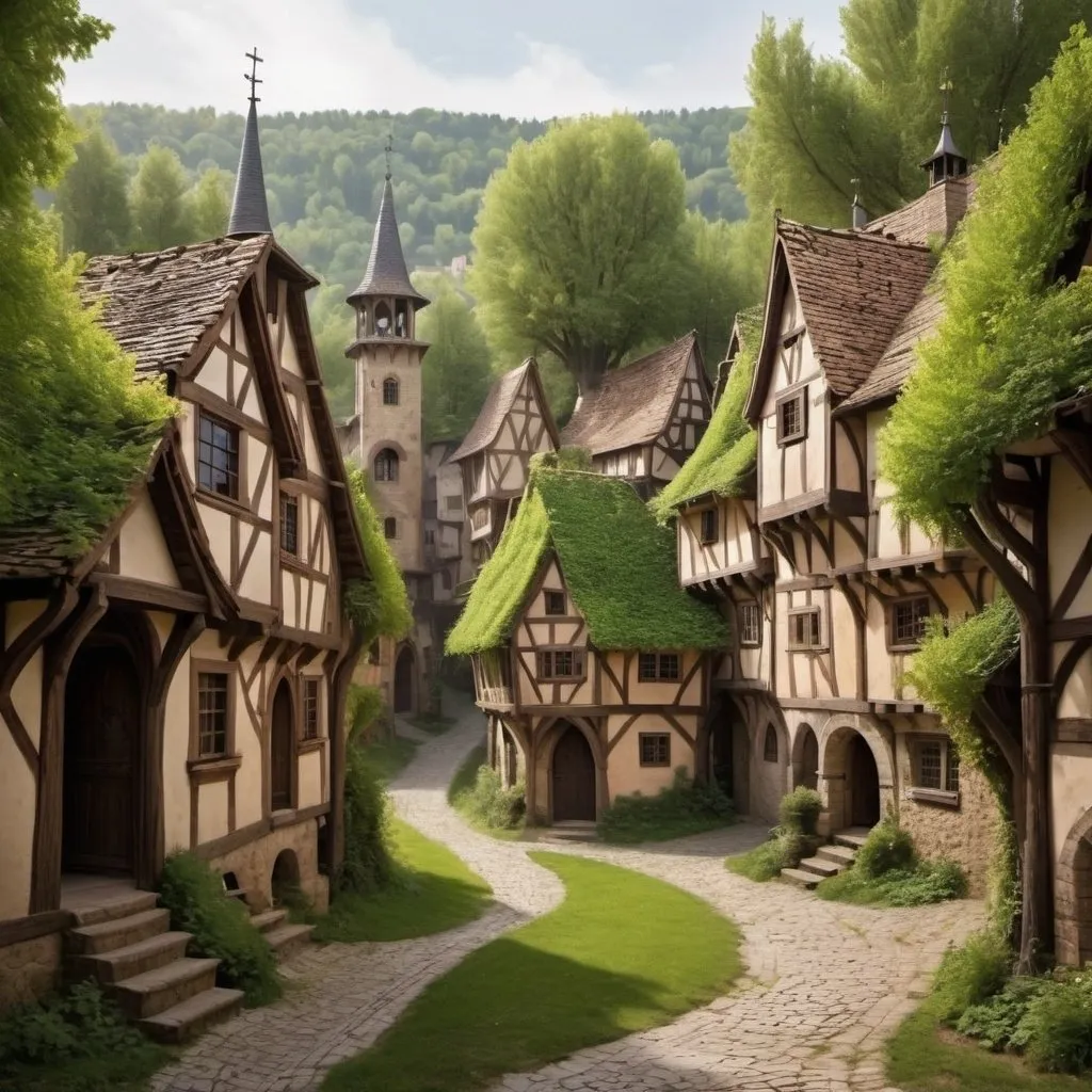 Prompt: A dreamy medieval town made of trees